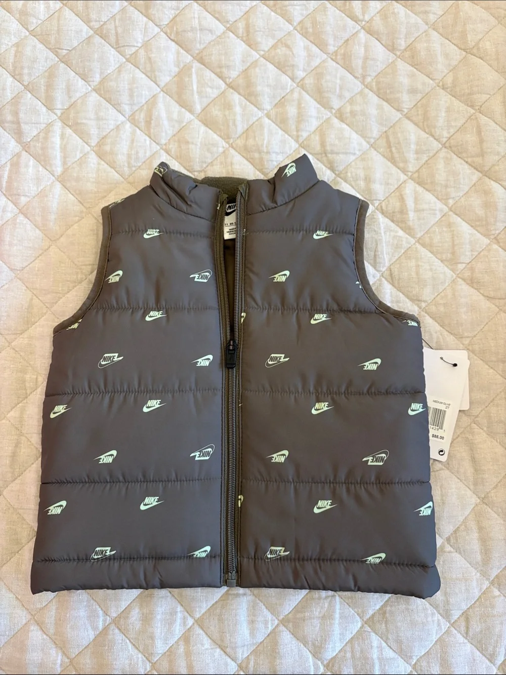 Nike Kids Army Green Puffer Vest with Mint Logo Print
